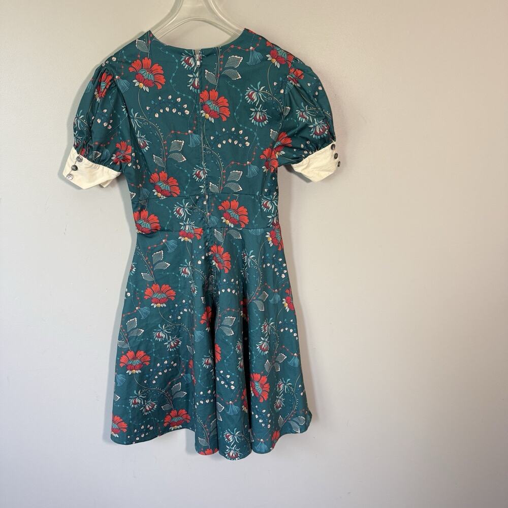 Unique Vintage Swing Dress Blue Short Puff Sleeve Green Floral Cottagecore M 6-8 - Picture 5 of 8